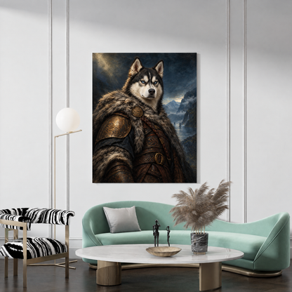 The Pet Viking custom pet portrait canvas hanging in a living room