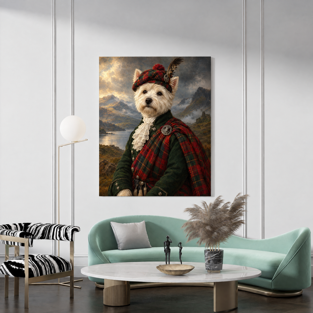 The Pet Highlander custom pet portrait canvas hanging in a living room