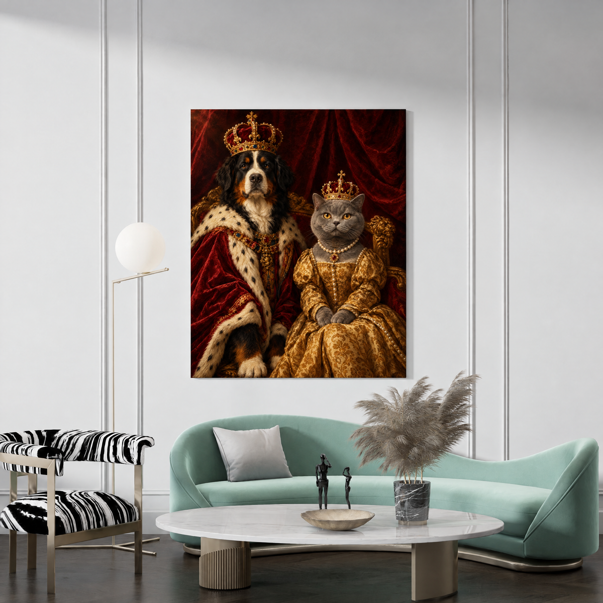 The Royal Pet Couple custom pet portrait canvas hanging in a living room