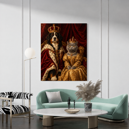The Royal Pet Couple custom pet portrait canvas hanging in a living room