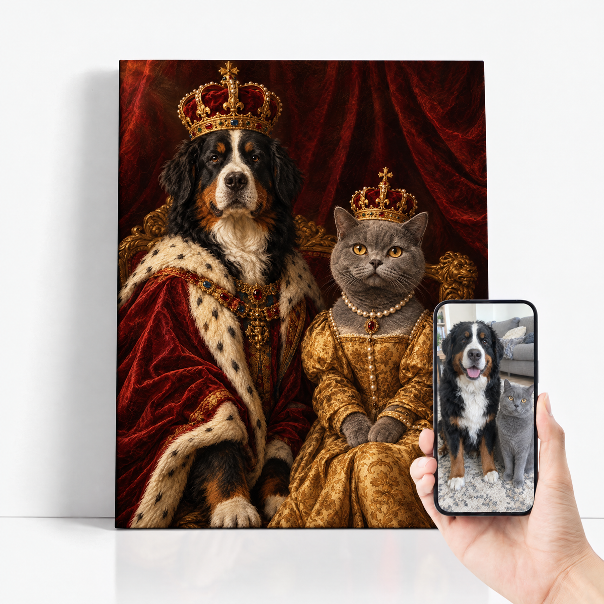 The Royal Pet Couple before and after: customer pet photo beside the finished custom pet portrait