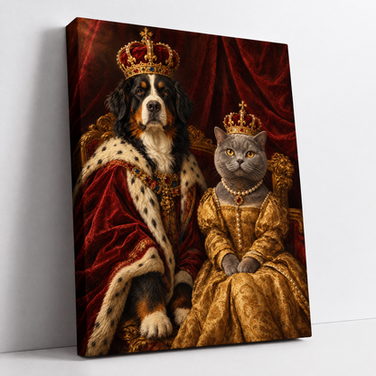 The Royal Pet Couple – custom portrait of two pets from your photos, dog and cat as king and queen on a throne