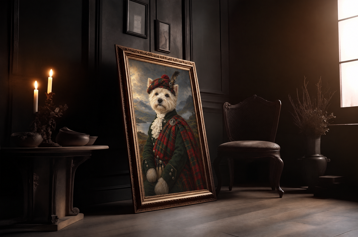 The Pet Highlander custom pet portrait in a gold frame in a candlelit room