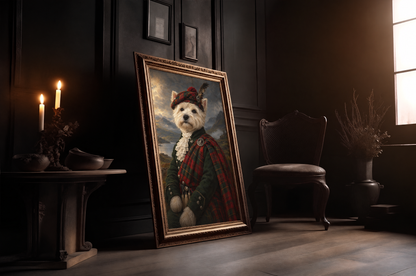 The Pet Highlander custom pet portrait in a gold frame in a candlelit room