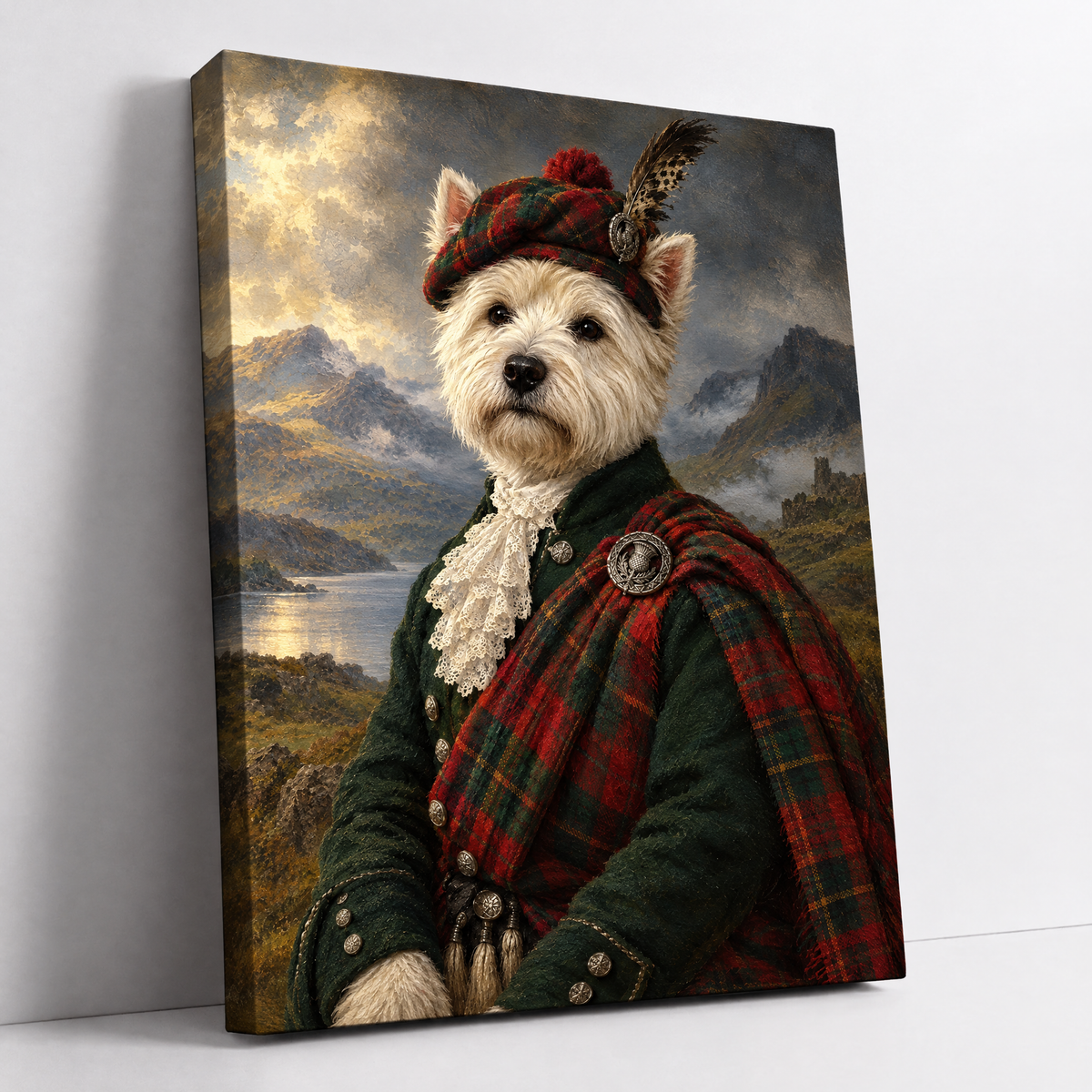 The Pet Highlander – custom Scottish pet portrait from your photo, terrier in a tartan sash and cap by a loch