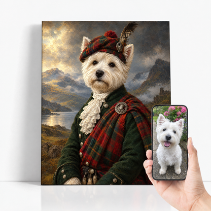 The Pet Highlander before and after: customer pet photo beside the finished custom pet portrait