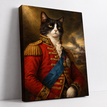 The Cat General – custom military cat portrait from your photo, tuxedo cat as a general in a red uniform