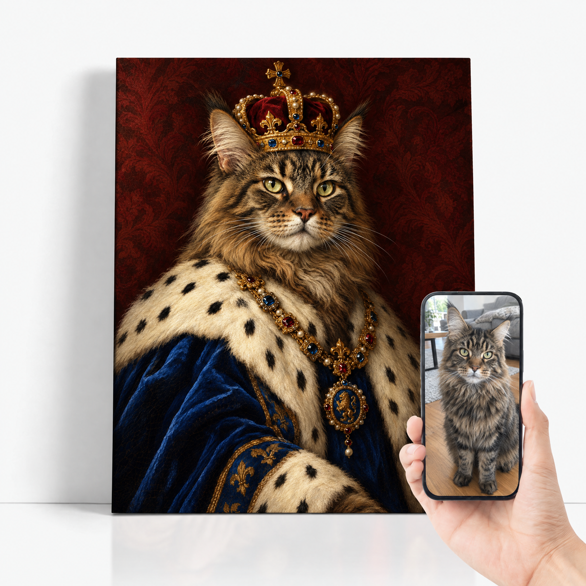 The Cat King before and after: customer cat photo beside the finished custom cat portrait