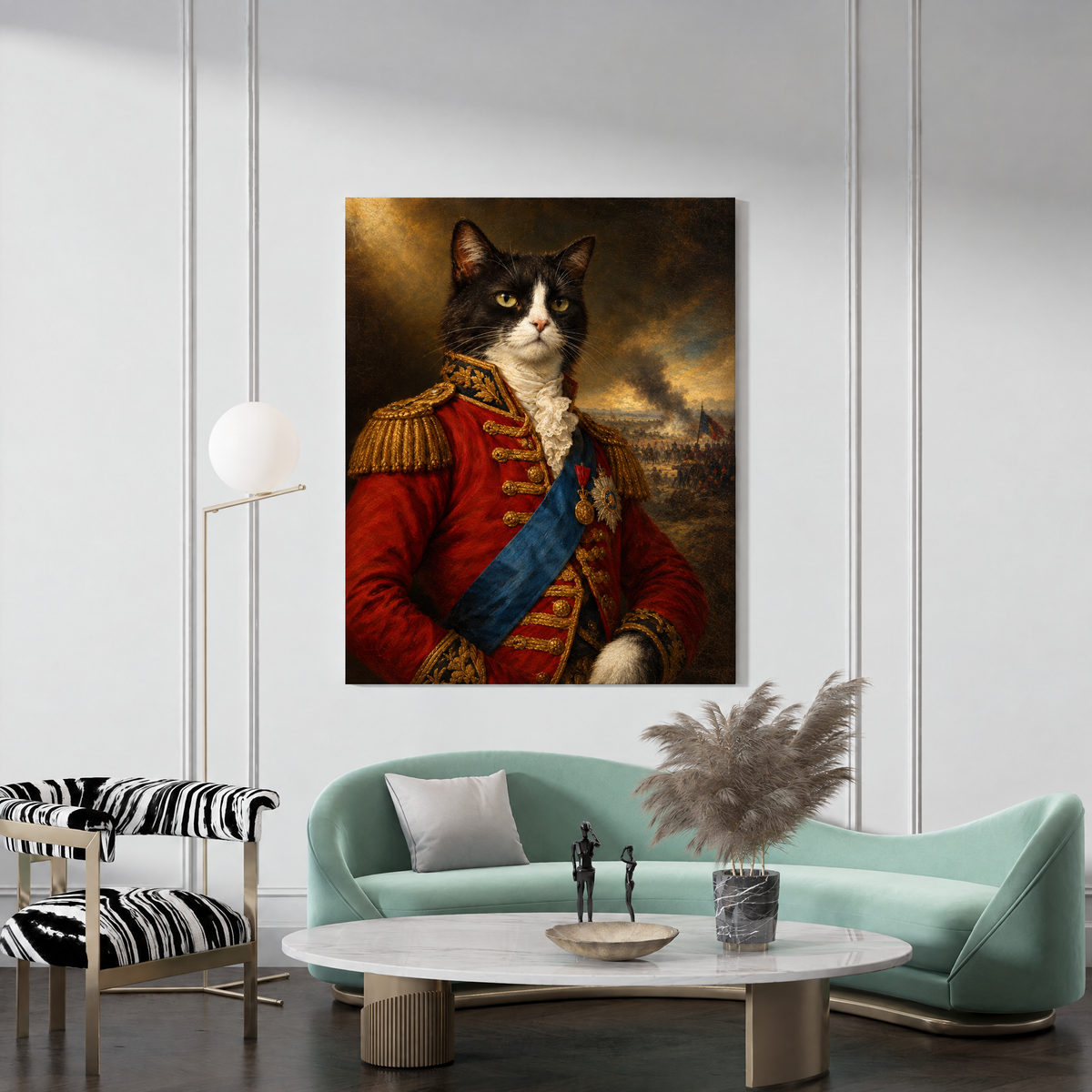 The Cat General custom cat portrait canvas hanging in a living room