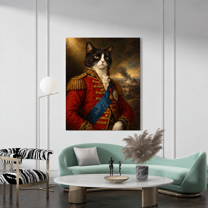 The Cat General custom cat portrait canvas hanging in a living room