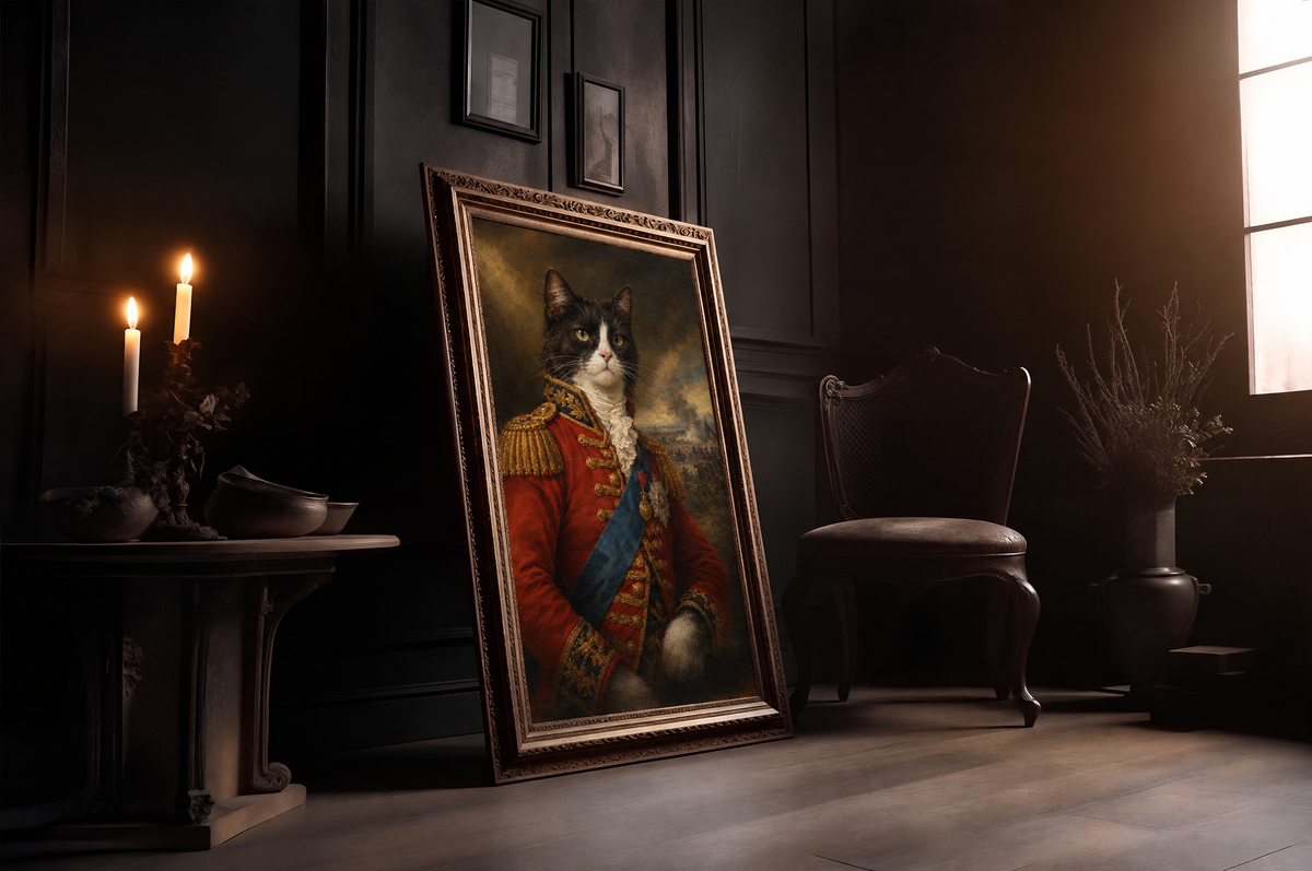 The Cat General custom cat portrait in a gold frame in a candlelit room