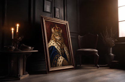 The Cat King custom cat portrait in a gold frame in a candlelit room