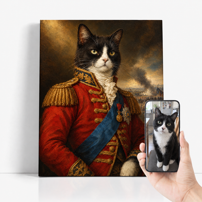 The Cat General before and after: customer cat photo beside the finished custom cat portrait