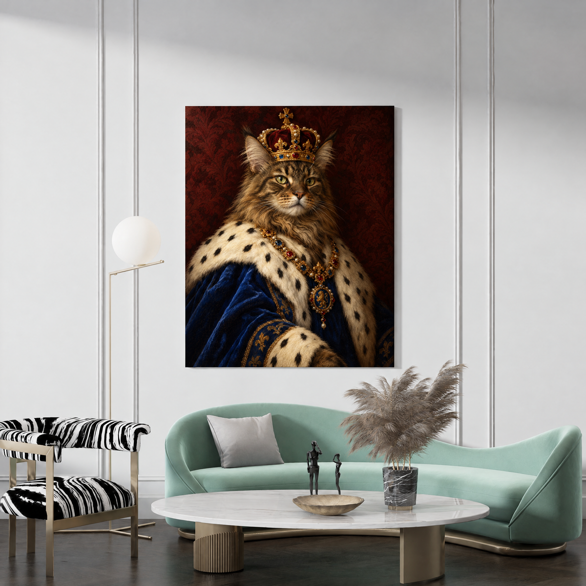 The Cat King custom cat portrait canvas hanging in a living room