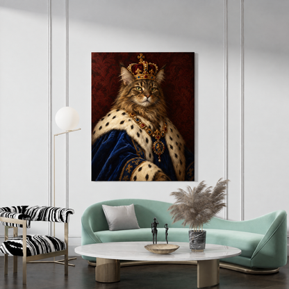 The Cat King custom cat portrait canvas hanging in a living room