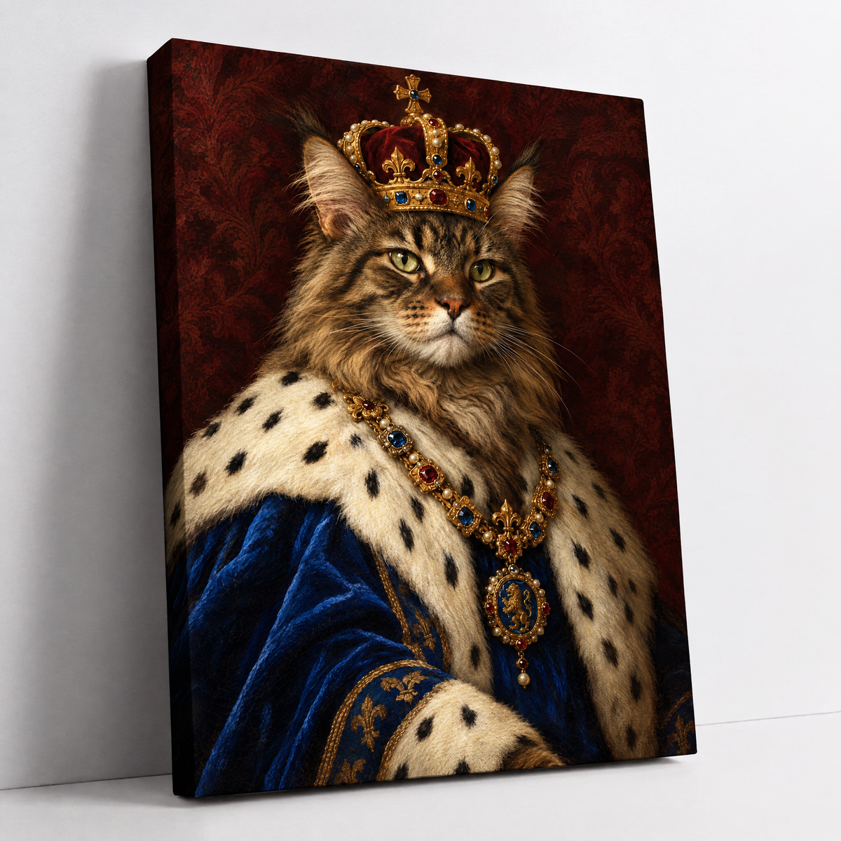 The Cat King – custom royal cat portrait from your photo, cat as a king in a crown and blue velvet robe