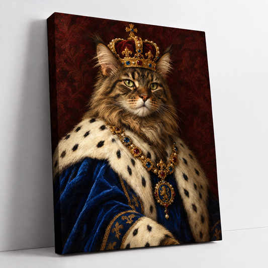 The Cat King – custom royal cat portrait from your photo, cat as a king in a crown and blue velvet robe