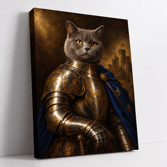 The Cat Knight – custom medieval cat portrait from your photo, grey cat as a knight in polished armor