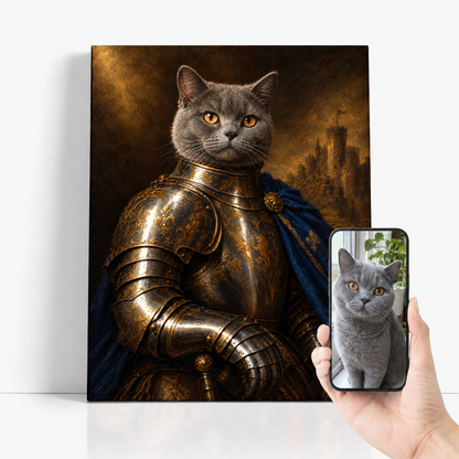 The Cat Knight before and after: customer cat photo beside the finished custom cat portrait