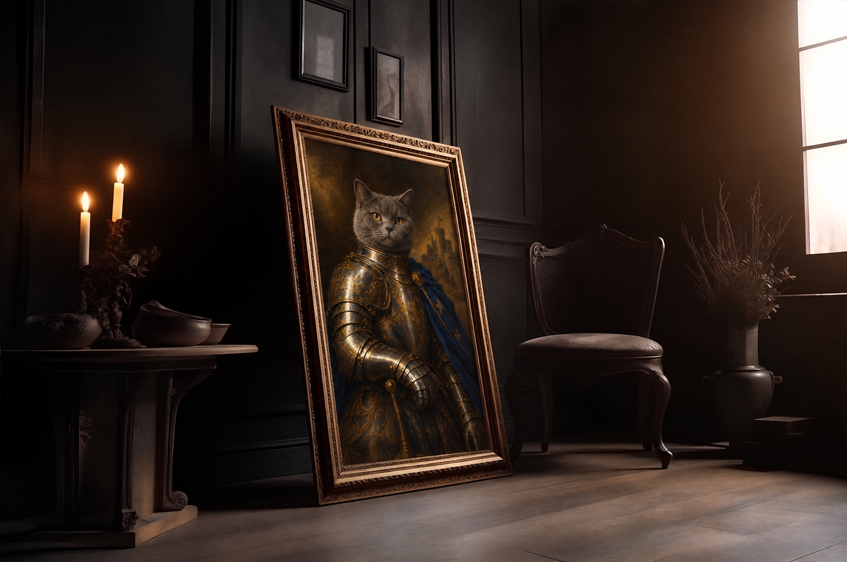 The Cat Knight custom cat portrait in a gold frame in a candlelit room