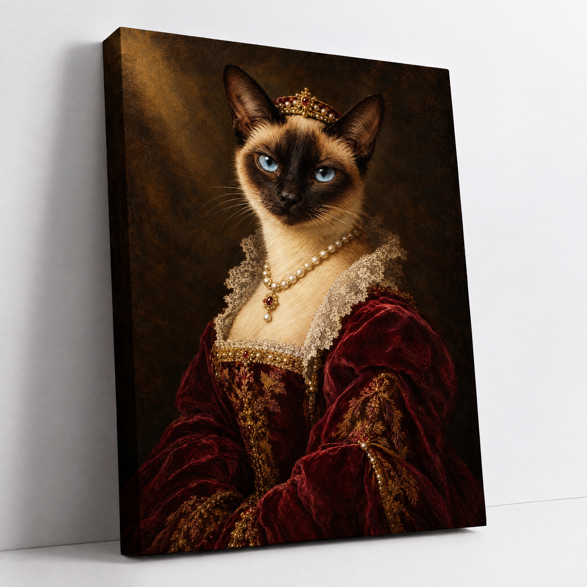 The Cat Duchess – custom royal cat portrait from your photo, Siamese cat as a duchess in a burgundy gown