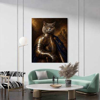 The Cat Knight custom cat portrait canvas hanging in a living room