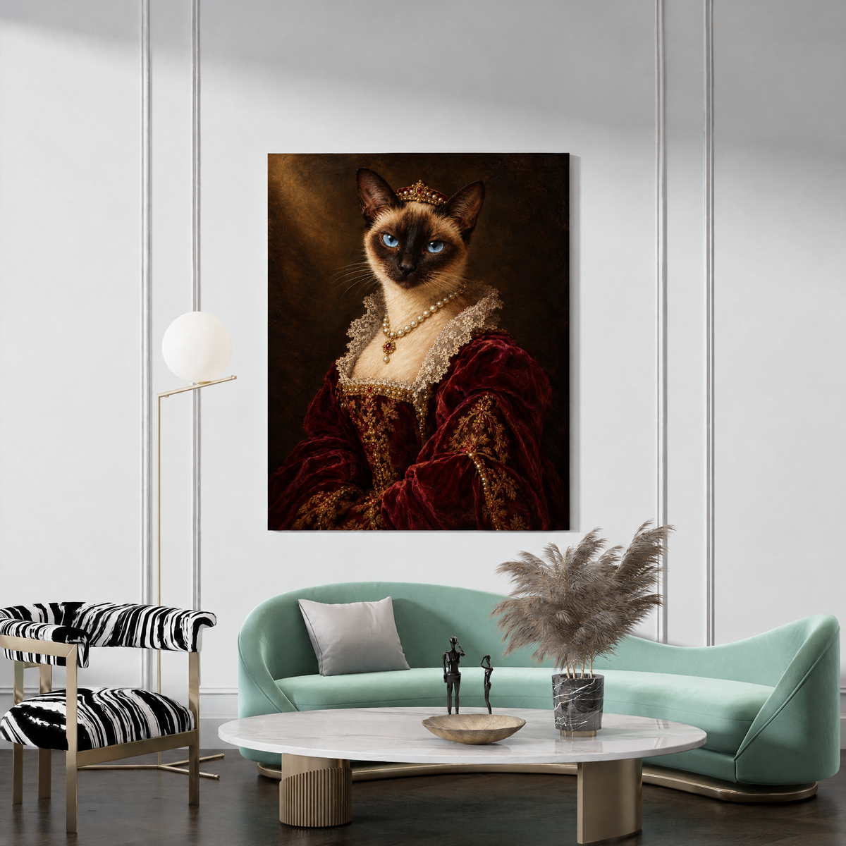 The Cat Duchess custom cat portrait canvas hanging in a living room