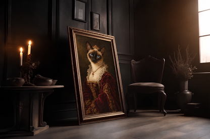 The Cat Duchess custom cat portrait in a gold frame in a candlelit room