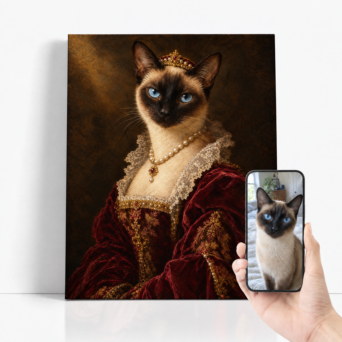 The Cat Duchess before and after: customer cat photo beside the finished custom cat portrait