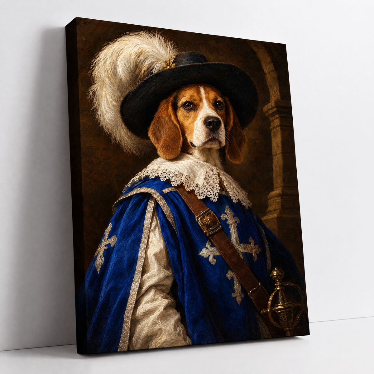 The Pet Musketeer – custom musketeer dog portrait from your photo, Beagle in a plumed hat and blue tabard