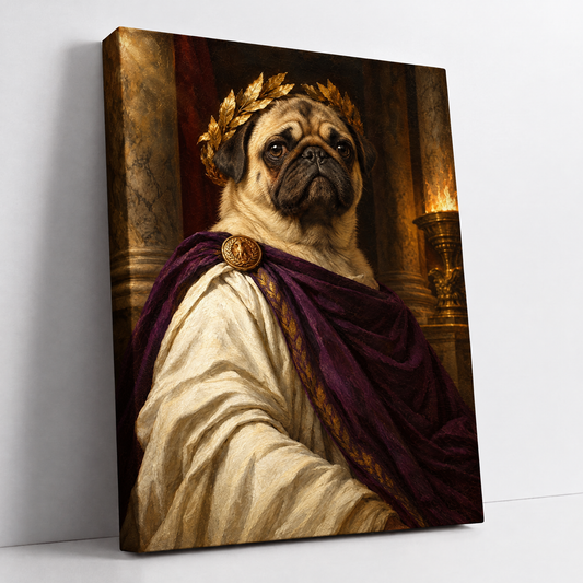 The Pet Emperor – custom Roman emperor dog portrait from your photo, Pug in a laurel wreath and toga