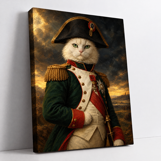 The Cat Napoleon – custom Napoleon cat portrait from your photo, white cat in an imperial uniform and bicorne hat