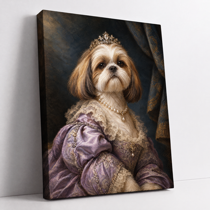 The Dog Princess – custom princess dog portrait from your photo, Shih Tzu in a tiara and lavender gown