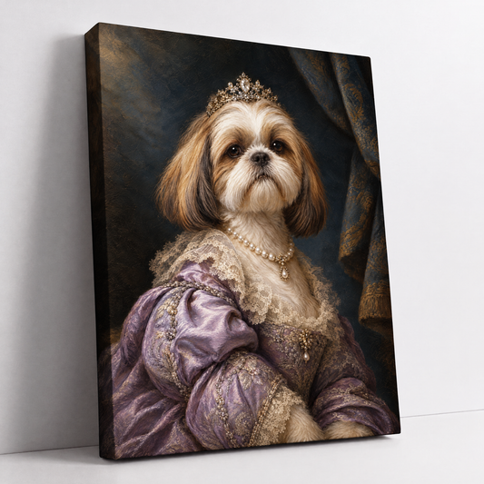 The Dog Princess – custom princess dog portrait from your photo, Shih Tzu in a tiara and lavender gown