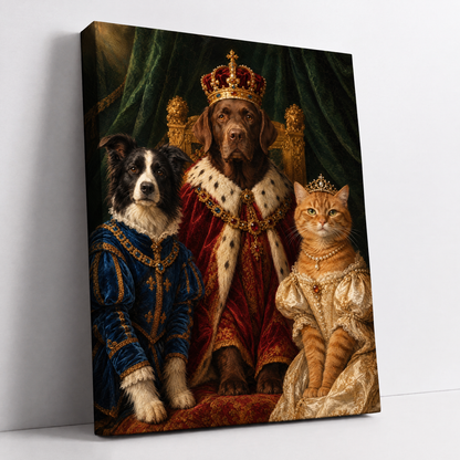 The Royal Pet Family – custom royal portrait of three pets from your photos, two dogs and a cat as king, prince and princess