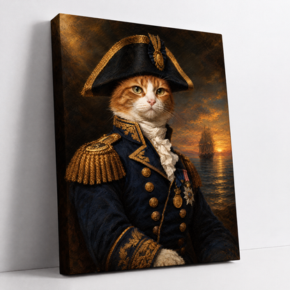The Cat Admiral – custom admiral cat portrait from your photo, ginger and white cat in a naval uniform