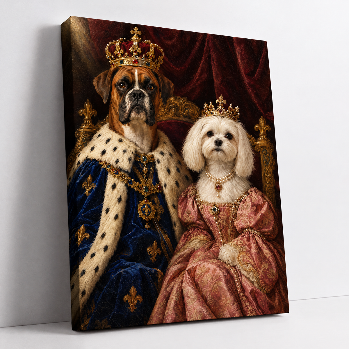 The Royal Dog Couple – custom royal portrait of two dogs from your photos, Boxer and Maltese as king and queen