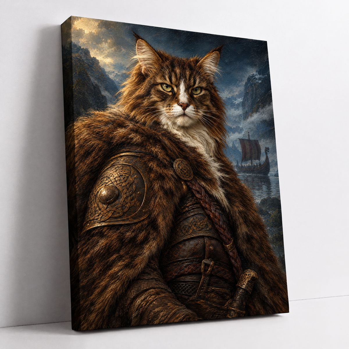 The Cat Viking – custom Viking cat portrait from your photo, Norwegian Forest cat in fur and Norse armor