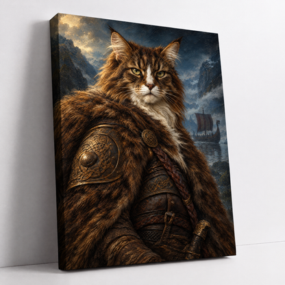 The Cat Viking – custom Viking cat portrait from your photo, Norwegian Forest cat in fur and Norse armor