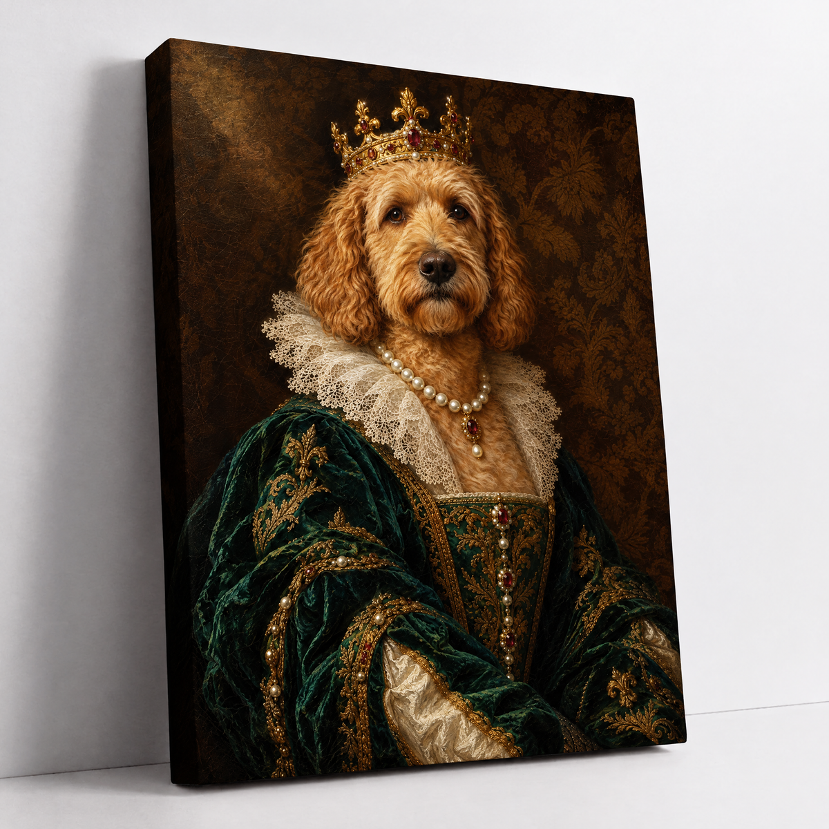The Pet Empress – custom royal dog portrait from your photo, Goldendoodle as a queen in crown and emerald gown