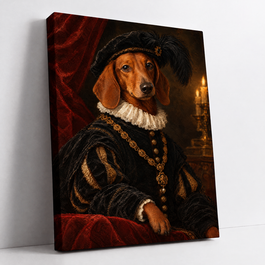 The Pet Lord – custom Renaissance dog portrait from your photo, Dachshund as a nobleman in a velvet doublet