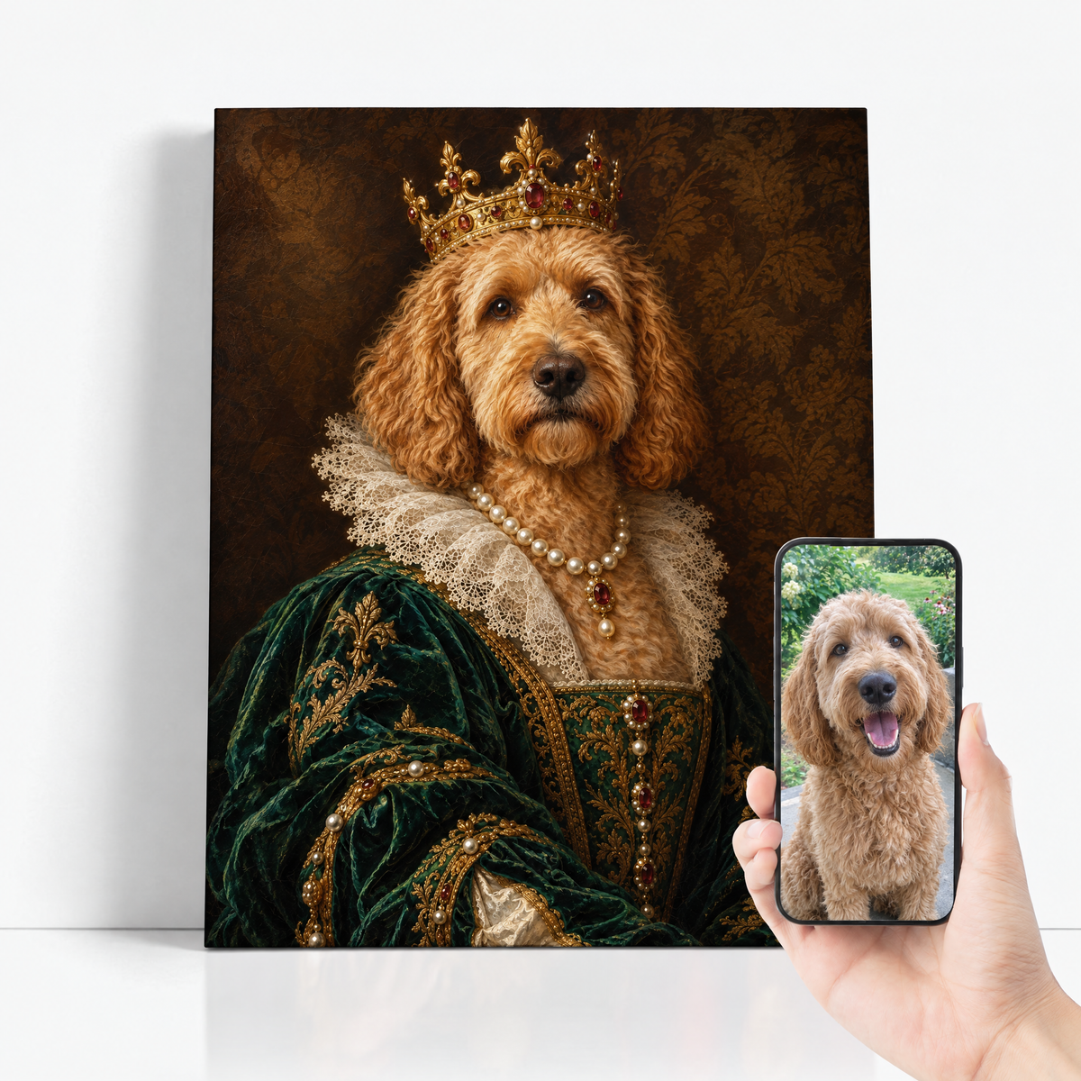 The Pet Empress before and after: customer dog photo beside the finished custom dog portrait