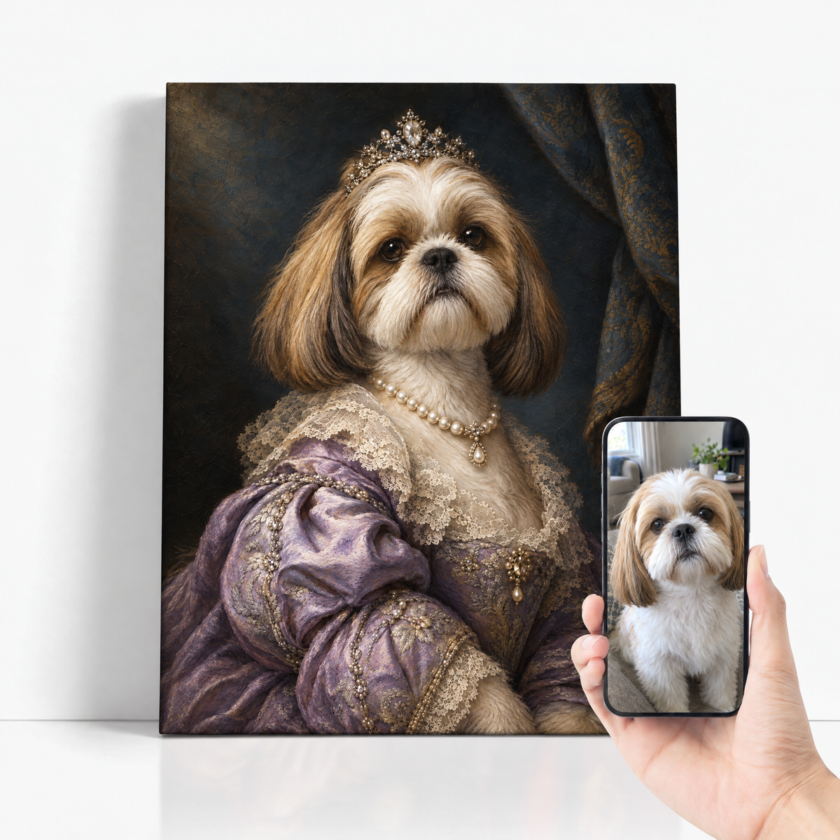 The Dog Princess before and after: customer dog photo beside the finished custom dog portrait