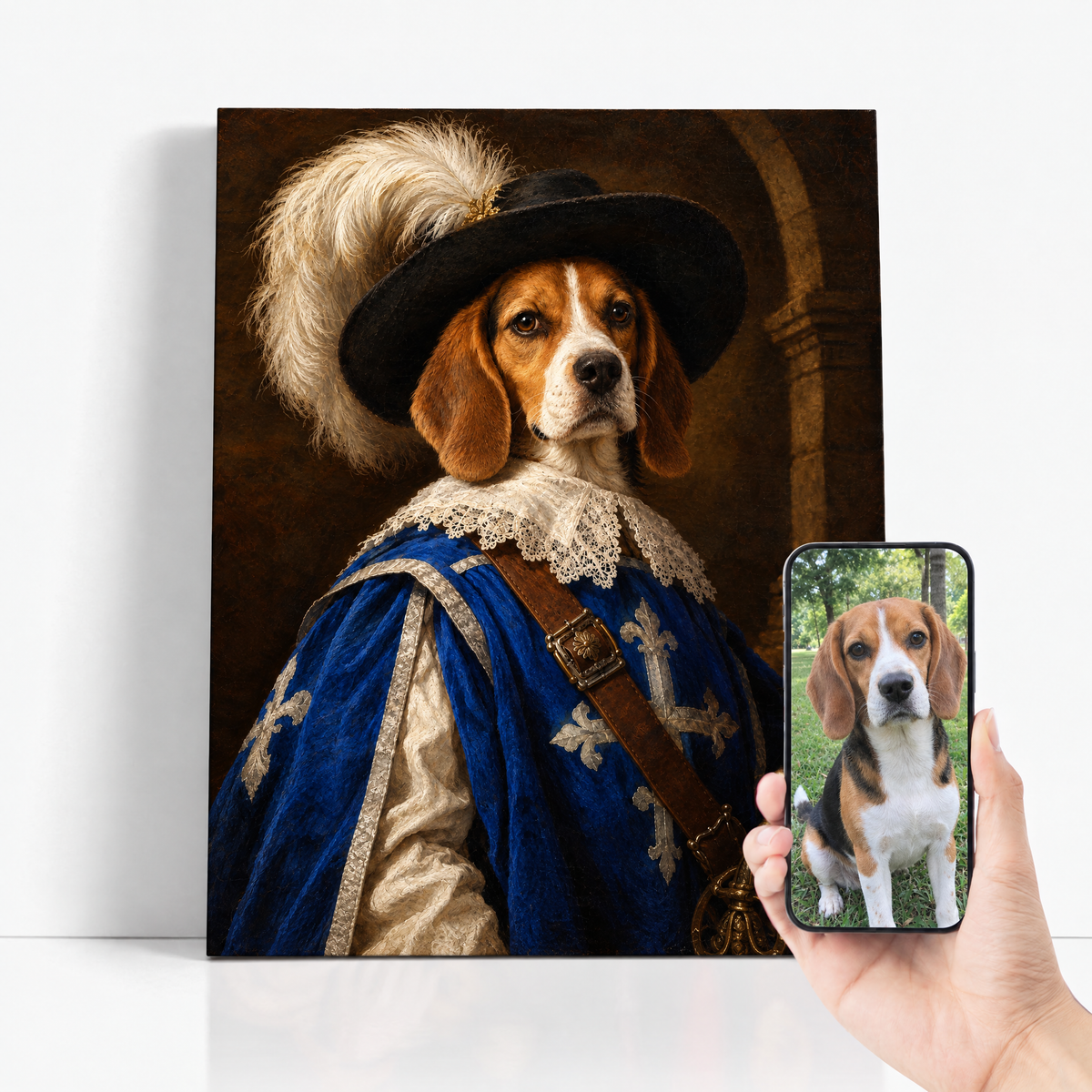 The Pet Musketeer before and after: customer dog photo beside the finished custom dog portrait