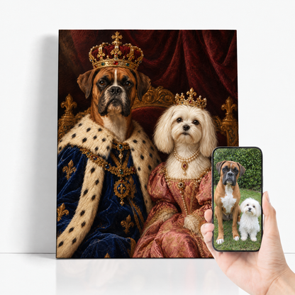 The Royal Dog Couple before and after: customer dog photo beside the finished custom dog portrait