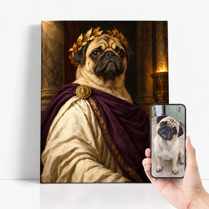 The Pet Emperor before and after: customer dog photo beside the finished custom dog portrait