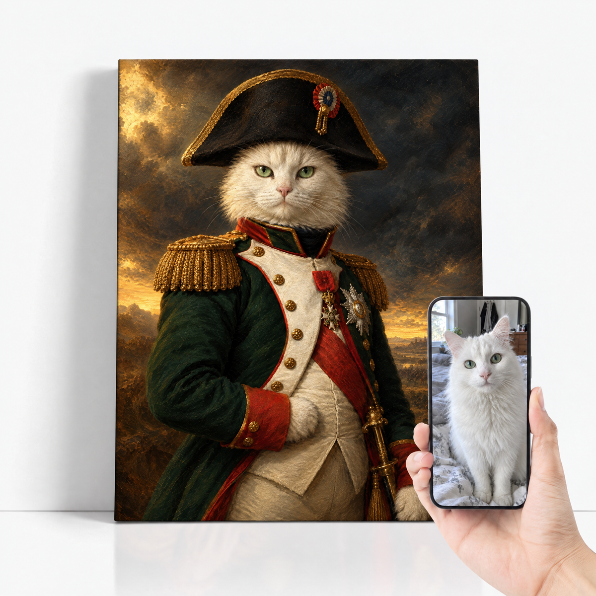 The Cat Napoleon before and after: customer cat photo beside the finished custom cat portrait