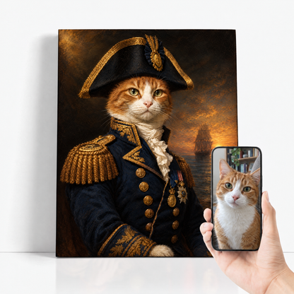 The Cat Admiral before and after: customer cat photo beside the finished custom cat portrait