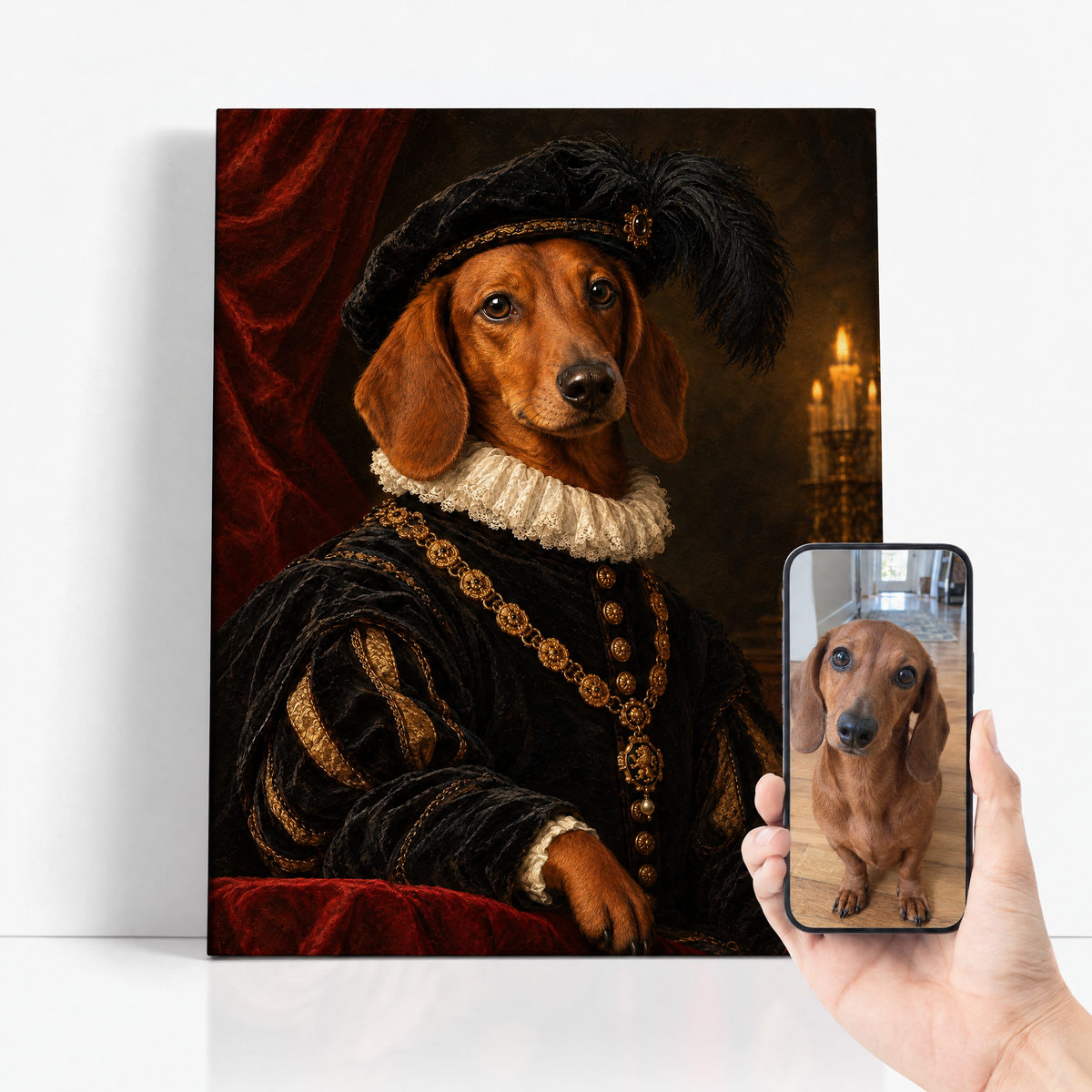 The Pet Lord before and after: customer dog photo beside the finished custom dog portrait