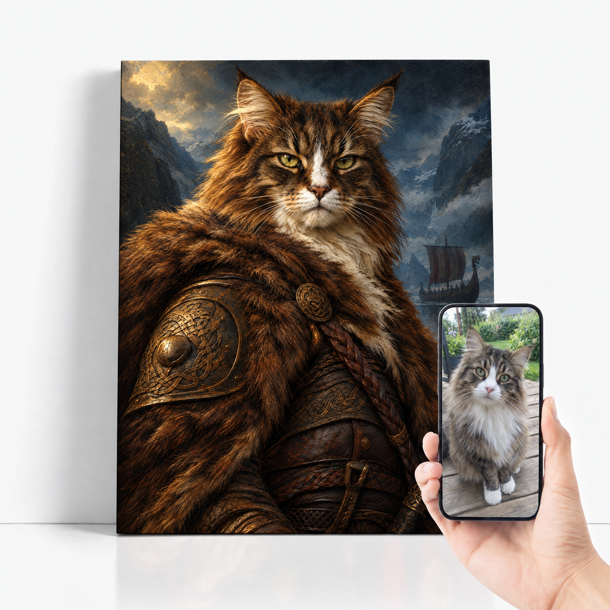 The Cat Viking before and after: customer cat photo beside the finished custom cat portrait